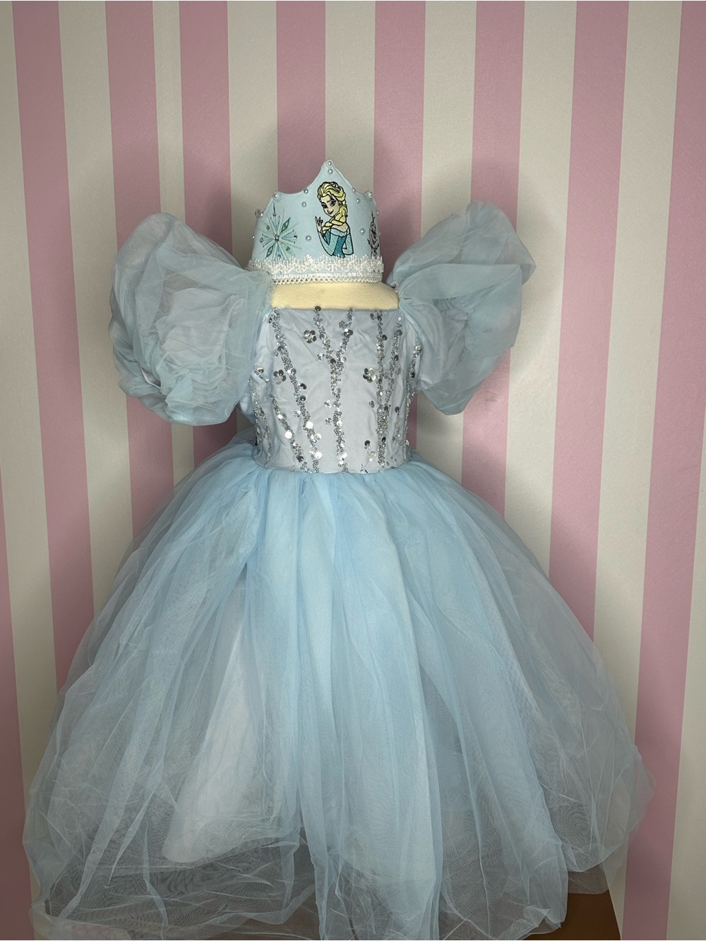 US Size 7-8 Frozen Inspired Light Blue Tulle Princess Elsa Dress with Crown
